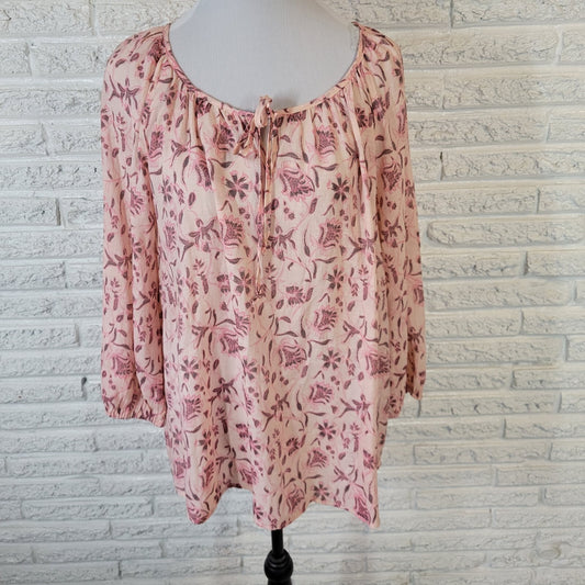 Como Vintage Womens Top XXL Plus Long Sleeve Pink Floral Keyhole Lightweight