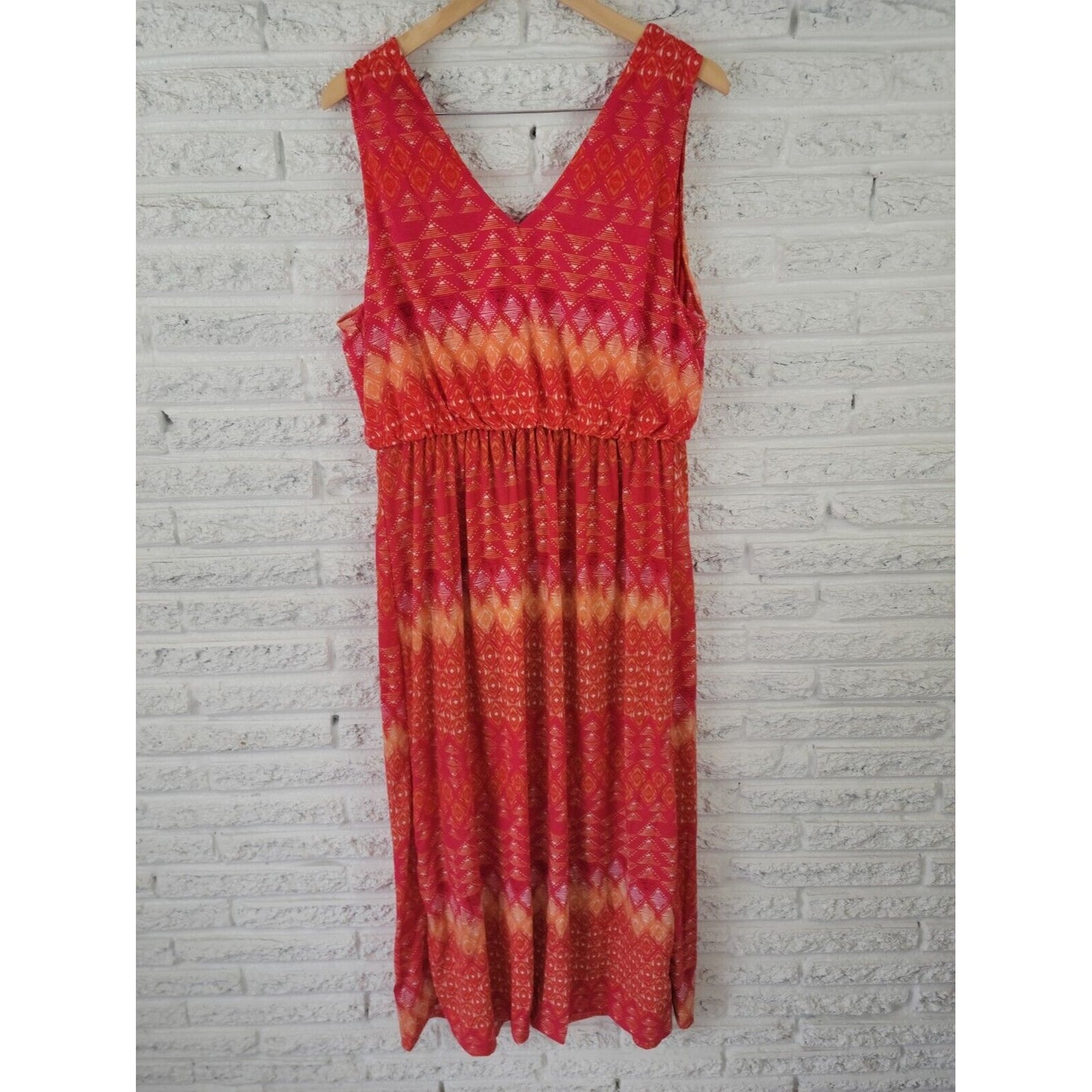 Faded Glory Womens Dress 2X PlusTank Sheath Maxi Sleeveless Red Geometric