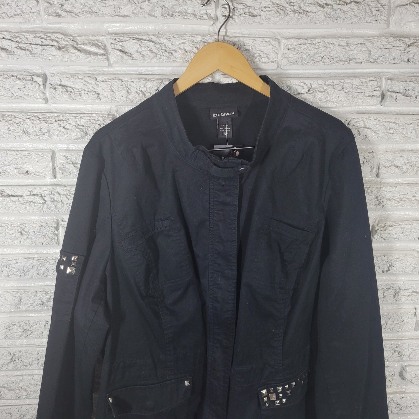 Lane Bryant Womens Plus 26 28 Black Jacket Studded Cotton Stretch Zipper Snaps