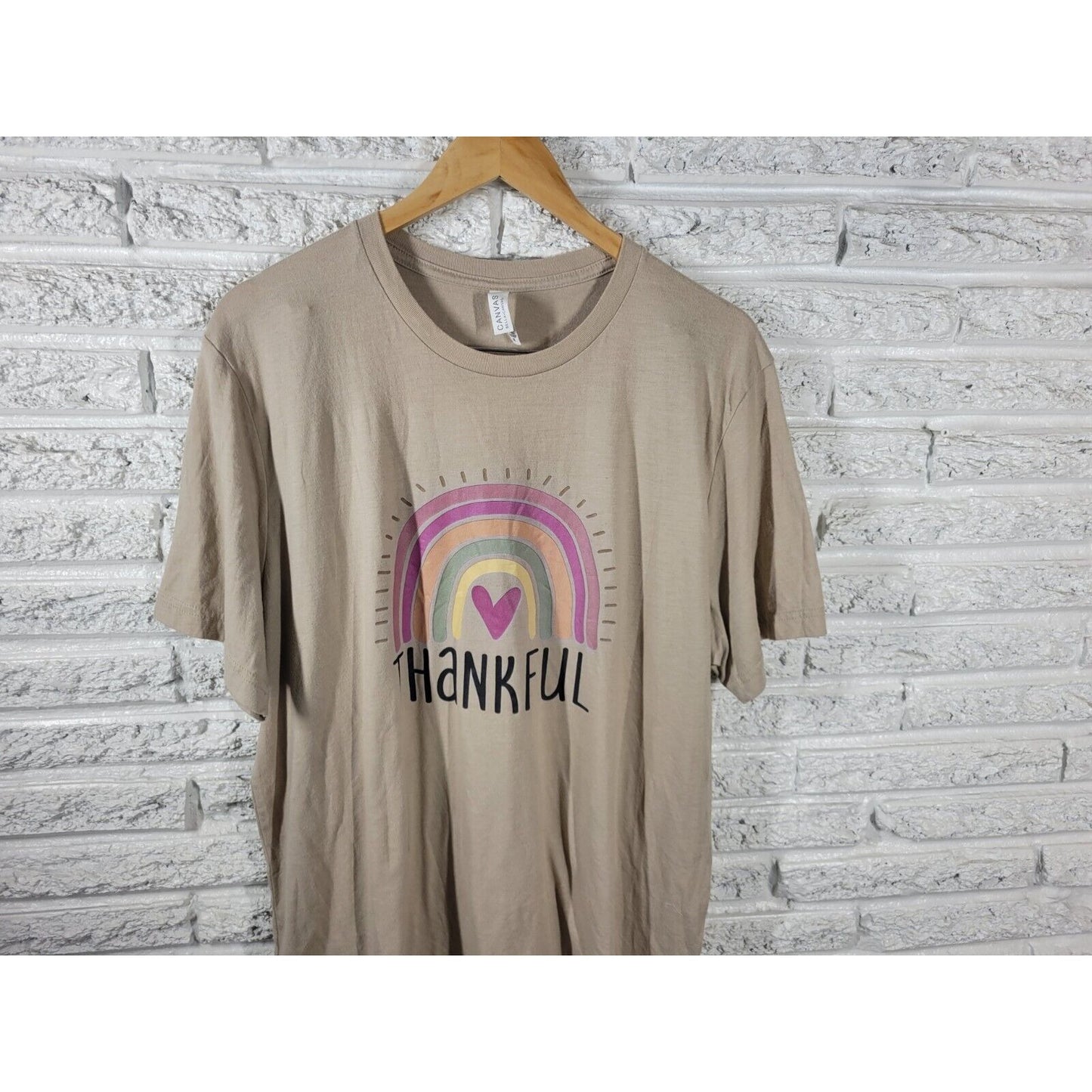 Thanksgiving Womens Top 2XL Thankful Short Sleeve Rainbow Beige Cotton Blend