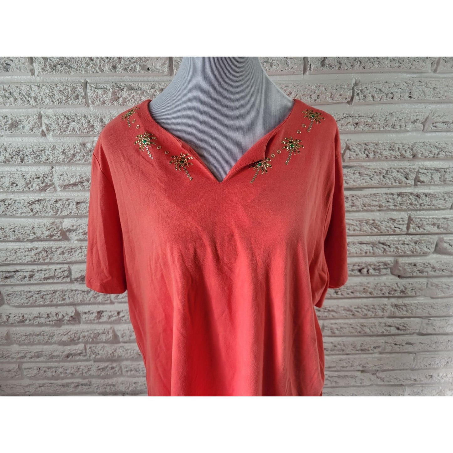 Coral Bay Womens Top 2X Plus Tee Short Sleeve Pink Studded Notch Neck Comfy
