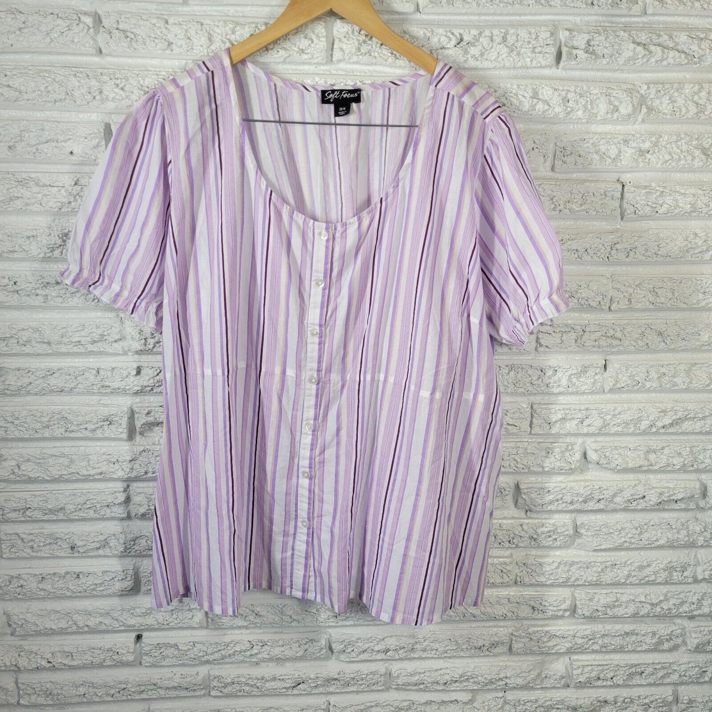 Soft Focus Womens Top 20W Puff Sleeve Purple Stripe Button Up Lightweight Cotton