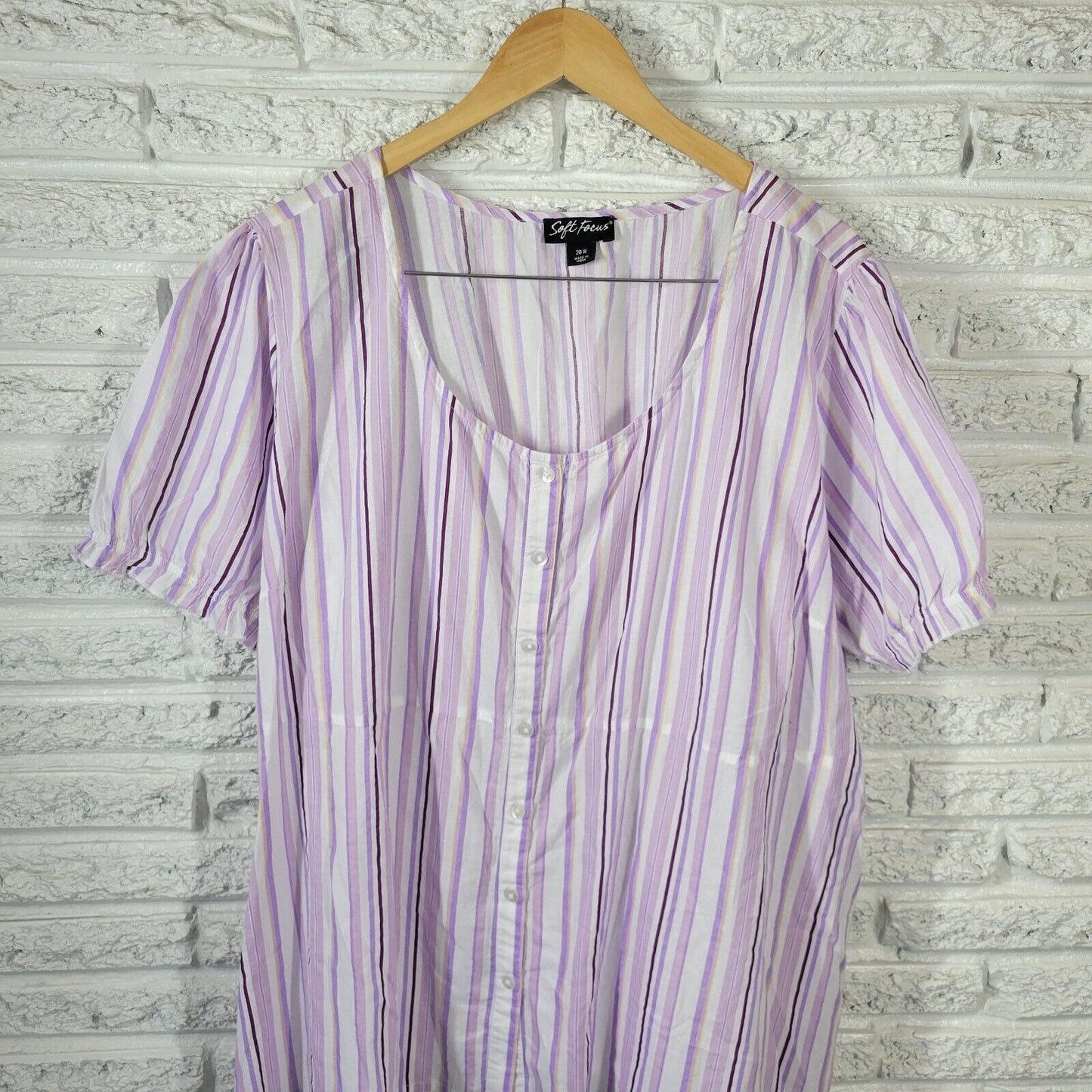 Soft Focus Womens Top 20W Puff Sleeve Purple Stripe Button Up Lightweight Cotton