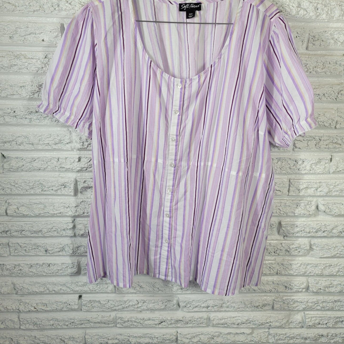 Soft Focus Womens Top 20W Puff Sleeve Purple Stripe Button Up Lightweight Cotton