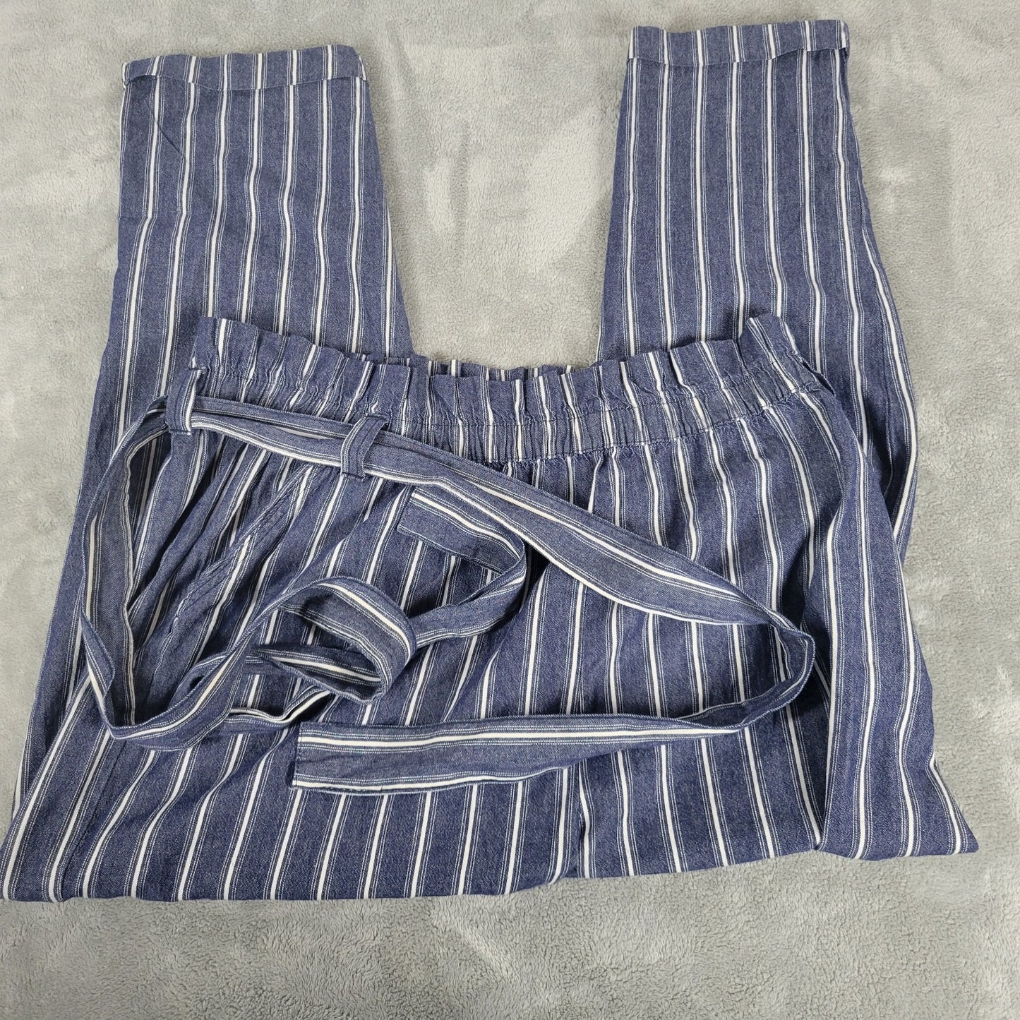 Taxi Womens Pants 2X Plus Paper Bag Blue White Stripe Cotton Belt Comfy Cuffed
