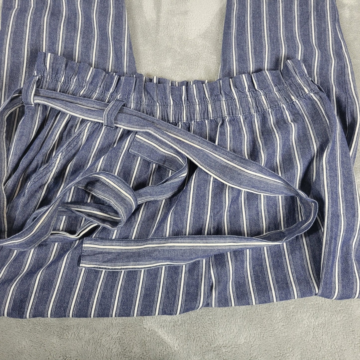 Taxi Womens Pants 2X Plus Paper Bag Blue White Stripe Cotton Belt Comfy Cuffed