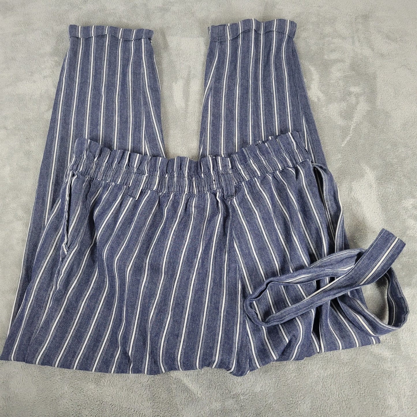 Taxi Womens Pants 2X Plus Paper Bag Blue White Stripe Cotton Belt Comfy Cuffed