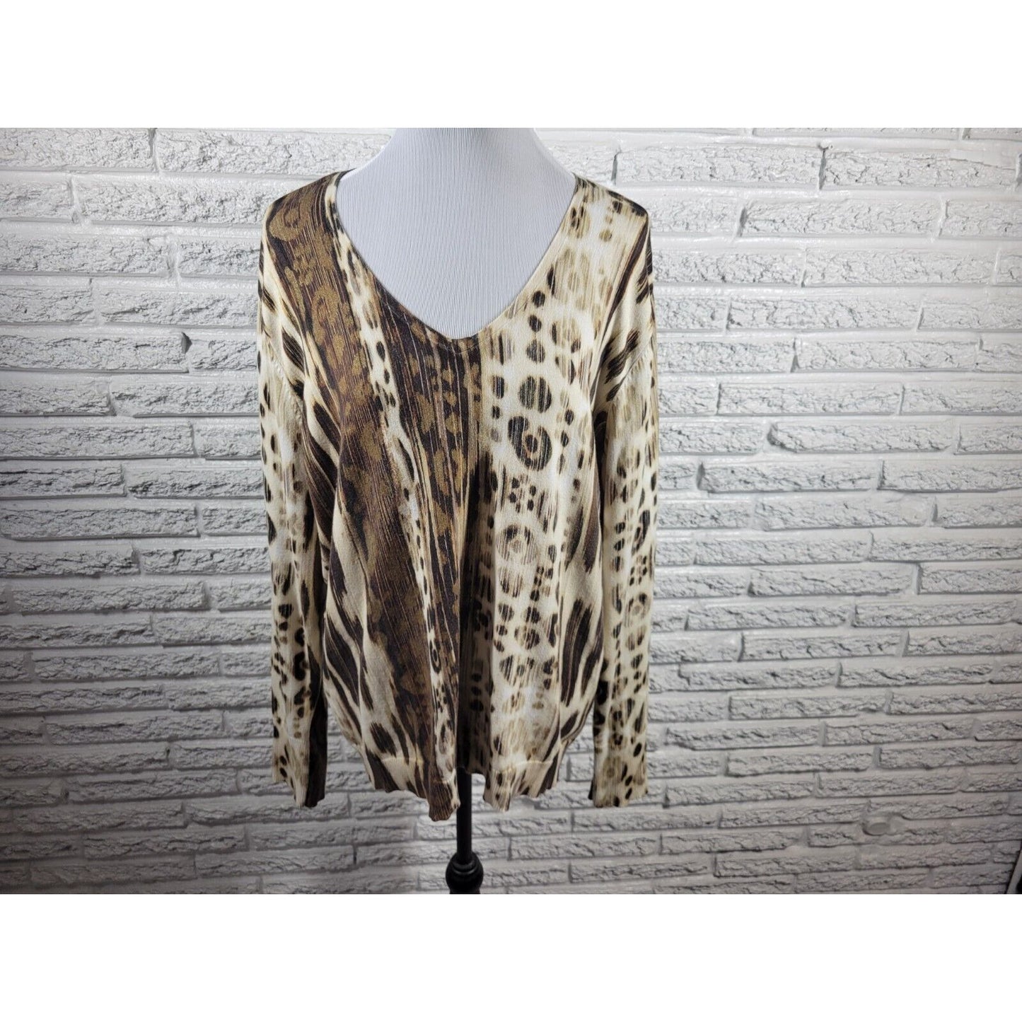 Chicos Womens Top 3 Standard Extra Large Long Sleeve Brown Watercolor Casual