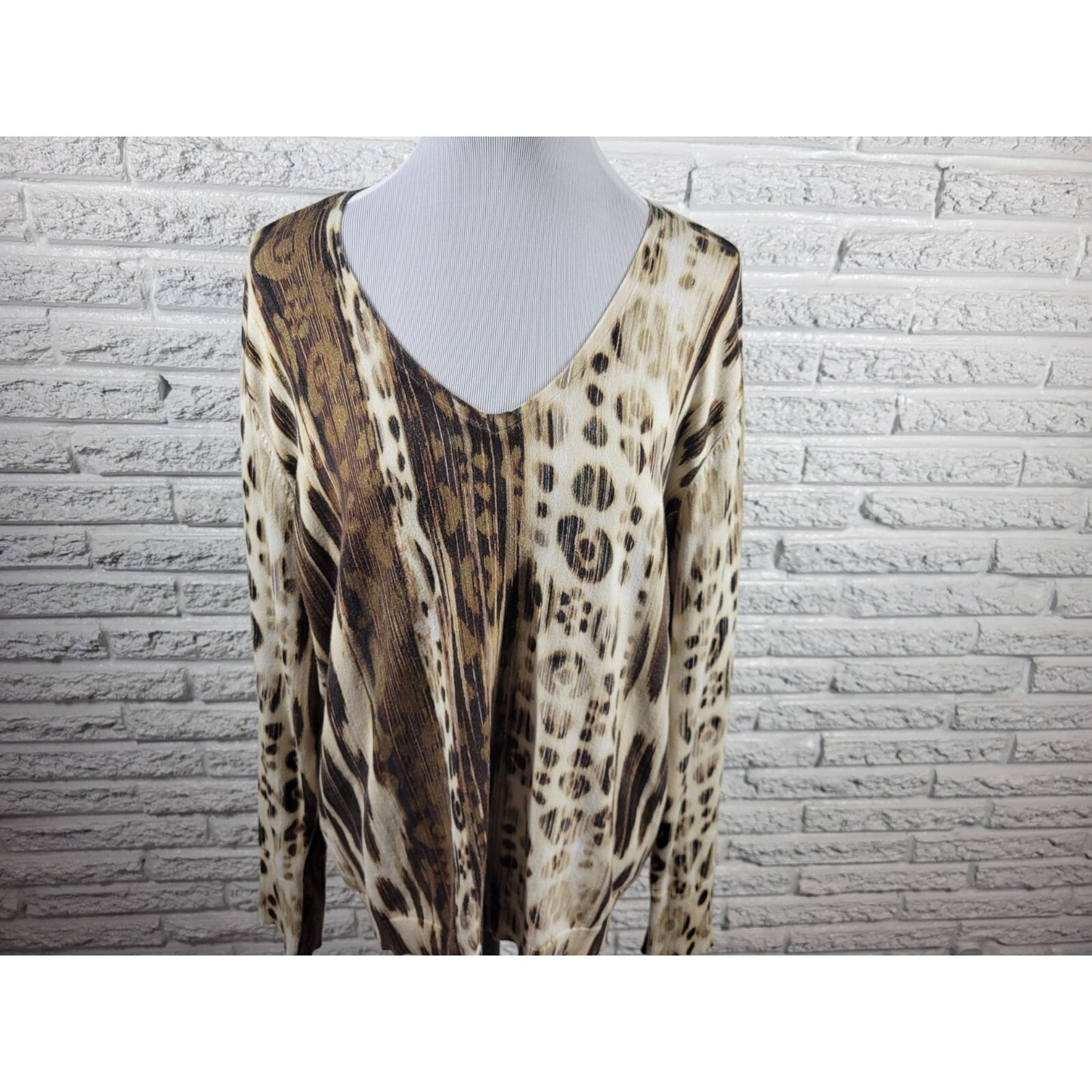 Chicos Womens Top 3 Standard Extra Large Long Sleeve Brown Watercolor Casual