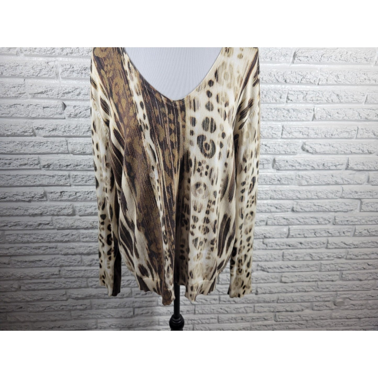 Chicos Womens Top 3 Standard Extra Large Long Sleeve Brown Watercolor Casual