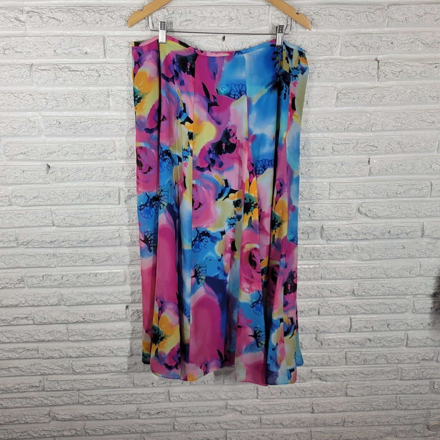 Anne Klein Women Skirt 16 ALine Midi Silk Blue Pink Floral Watercolor Lined Zip