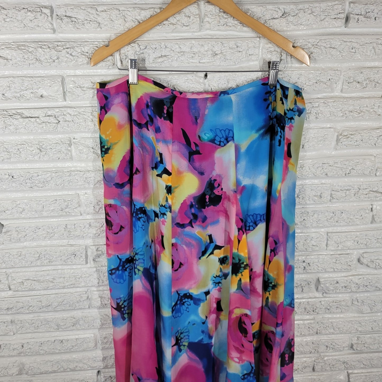 Anne Klein Women Skirt 16 ALine Midi Silk Blue Pink Floral Watercolor Lined Zip