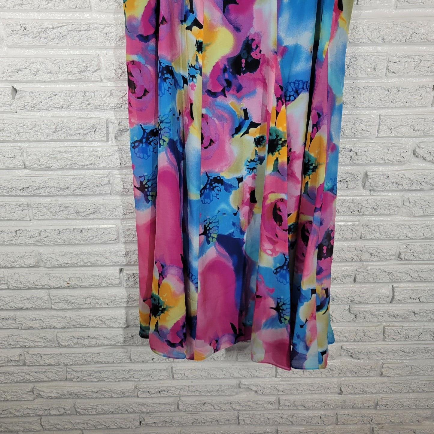 Anne Klein Women Skirt 16 ALine Midi Silk Blue Pink Floral Watercolor Lined Zip