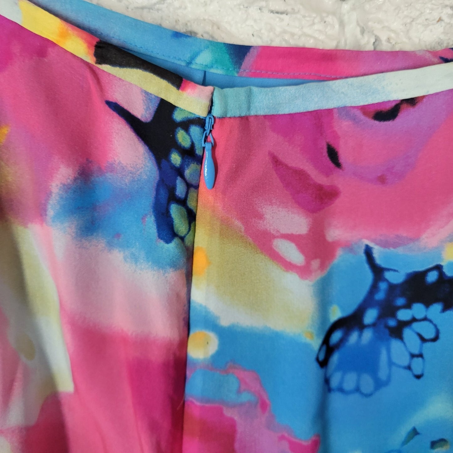 Anne Klein Women Skirt 16 ALine Midi Silk Blue Pink Floral Watercolor Lined Zip