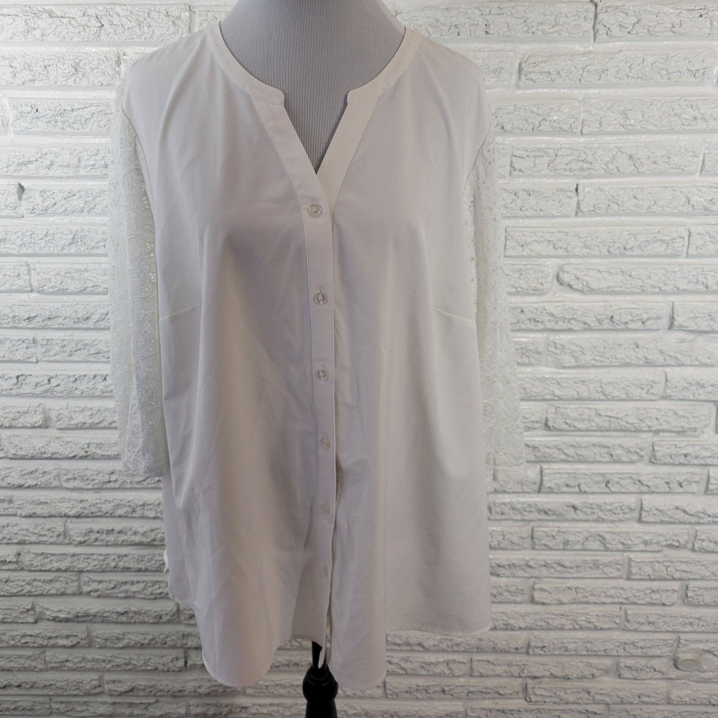 Denim Co Womens Top 2X Plus 3/4 Eyelet Embroidered Sleeve White Button Up Office