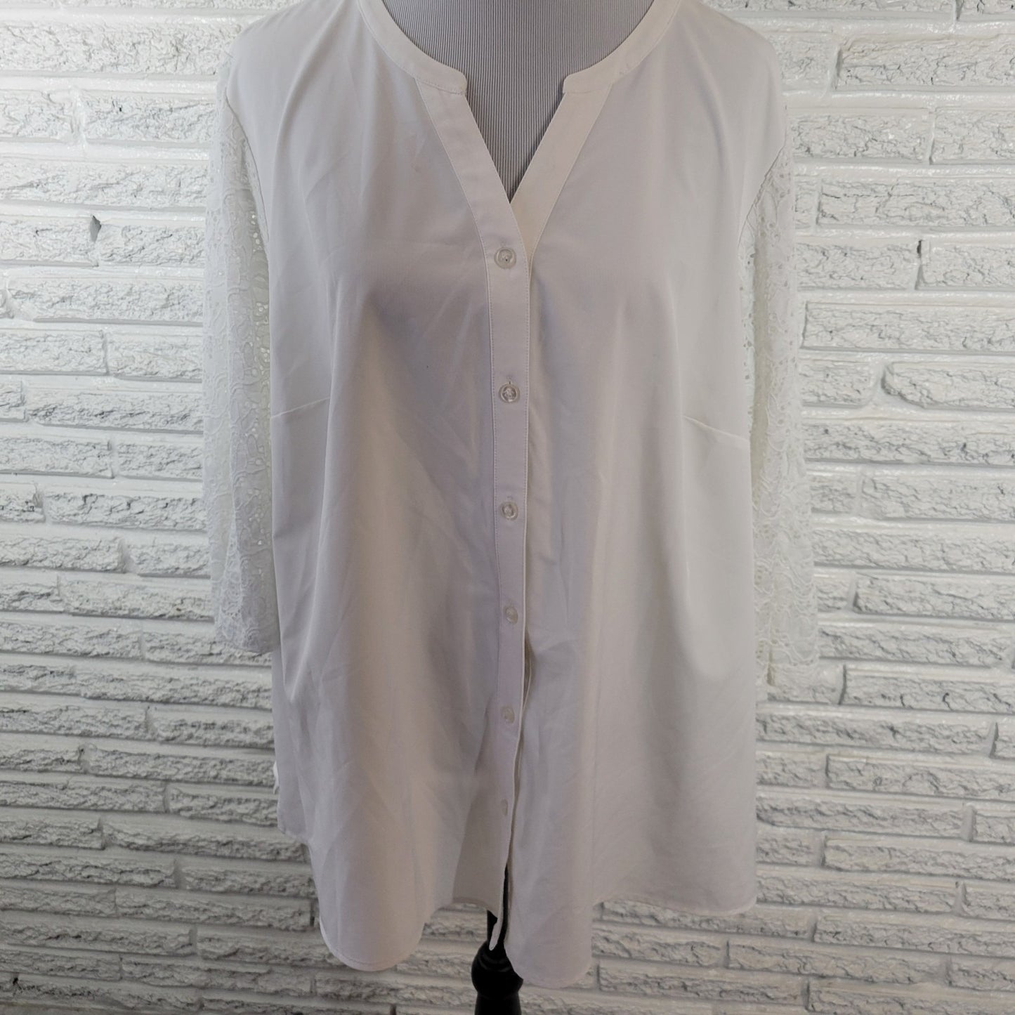 Denim Co Womens Top 2X Plus 3/4 Eyelet Embroidered Sleeve White Button Up Office