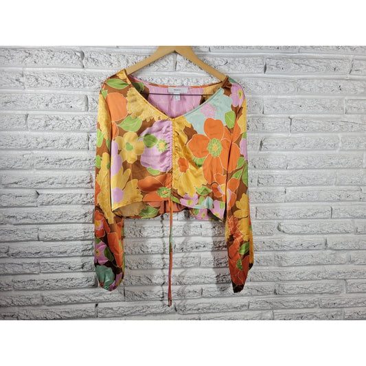 Forever 21 Women Top 1X Plus Crop Boho Festival Orange Floral Tie Front Side Zip