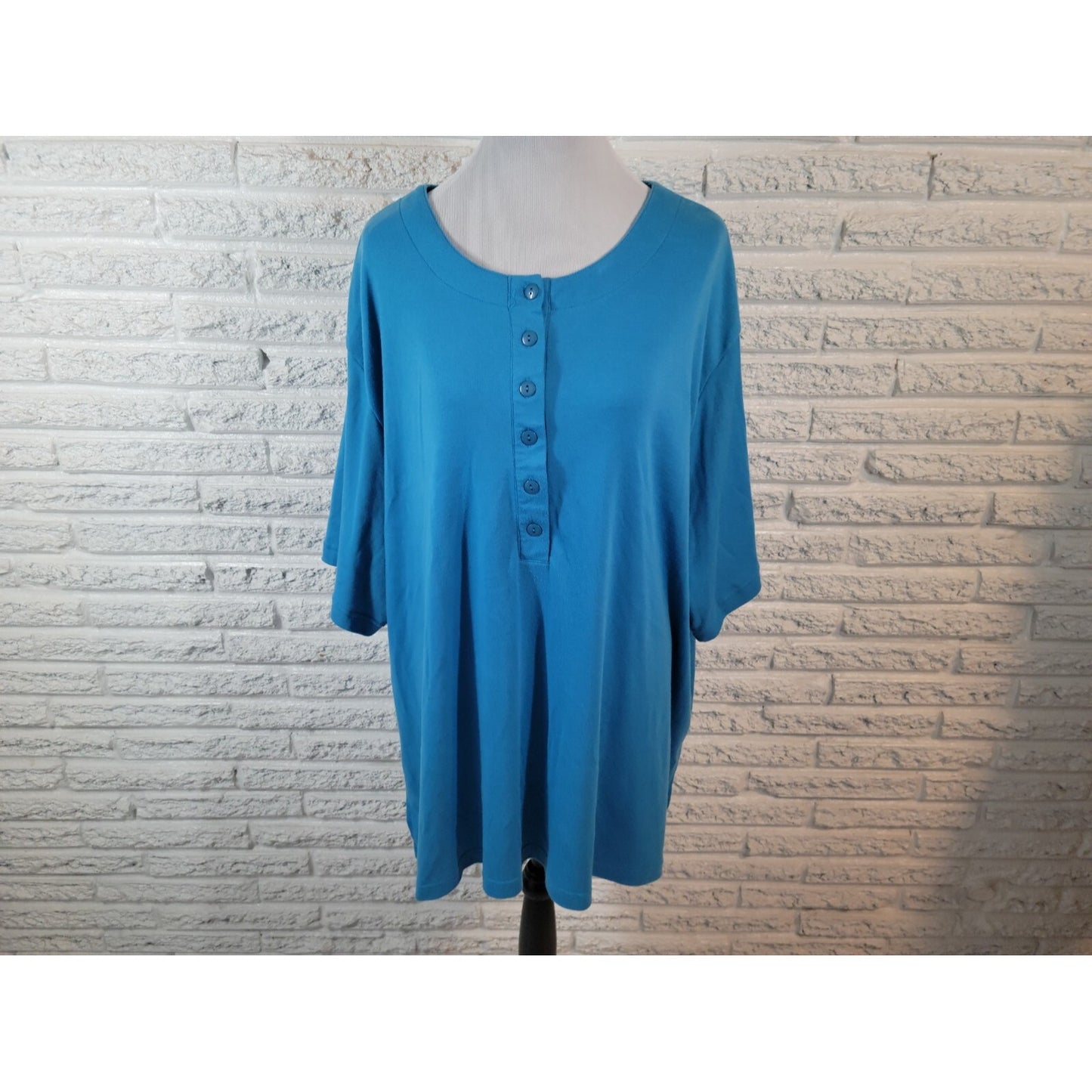 Roamans Womens Top 4X Plus Short Sleeve 1/4 Button Blue Casual Basic Stretch