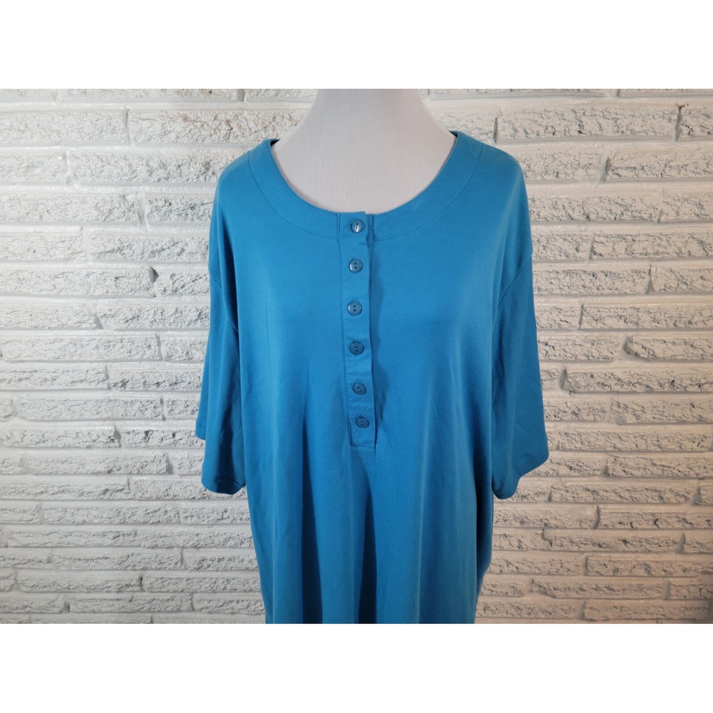 Roamans Womens Top 4X Plus Short Sleeve 1/4 Button Blue Casual Basic Stretch