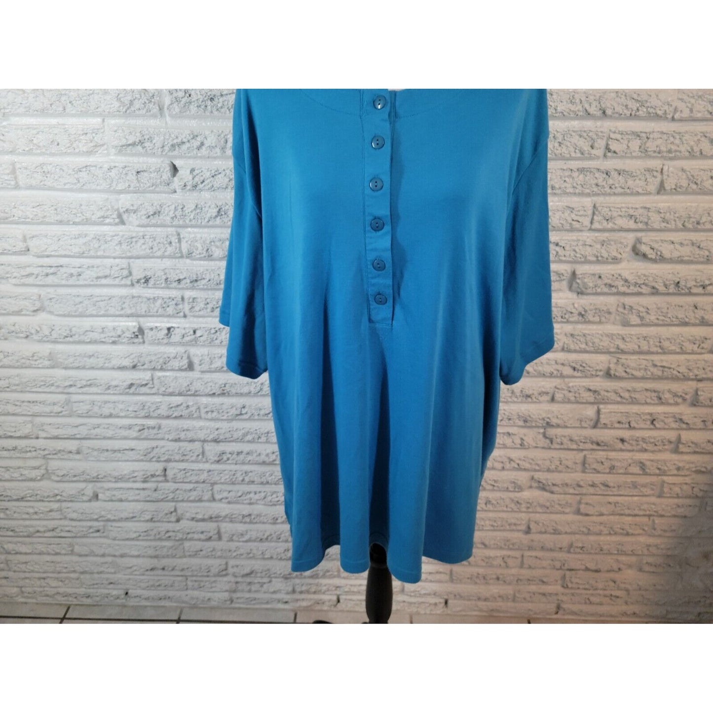 Roamans Womens Top 4X Plus Short Sleeve 1/4 Button Blue Casual Basic Stretch