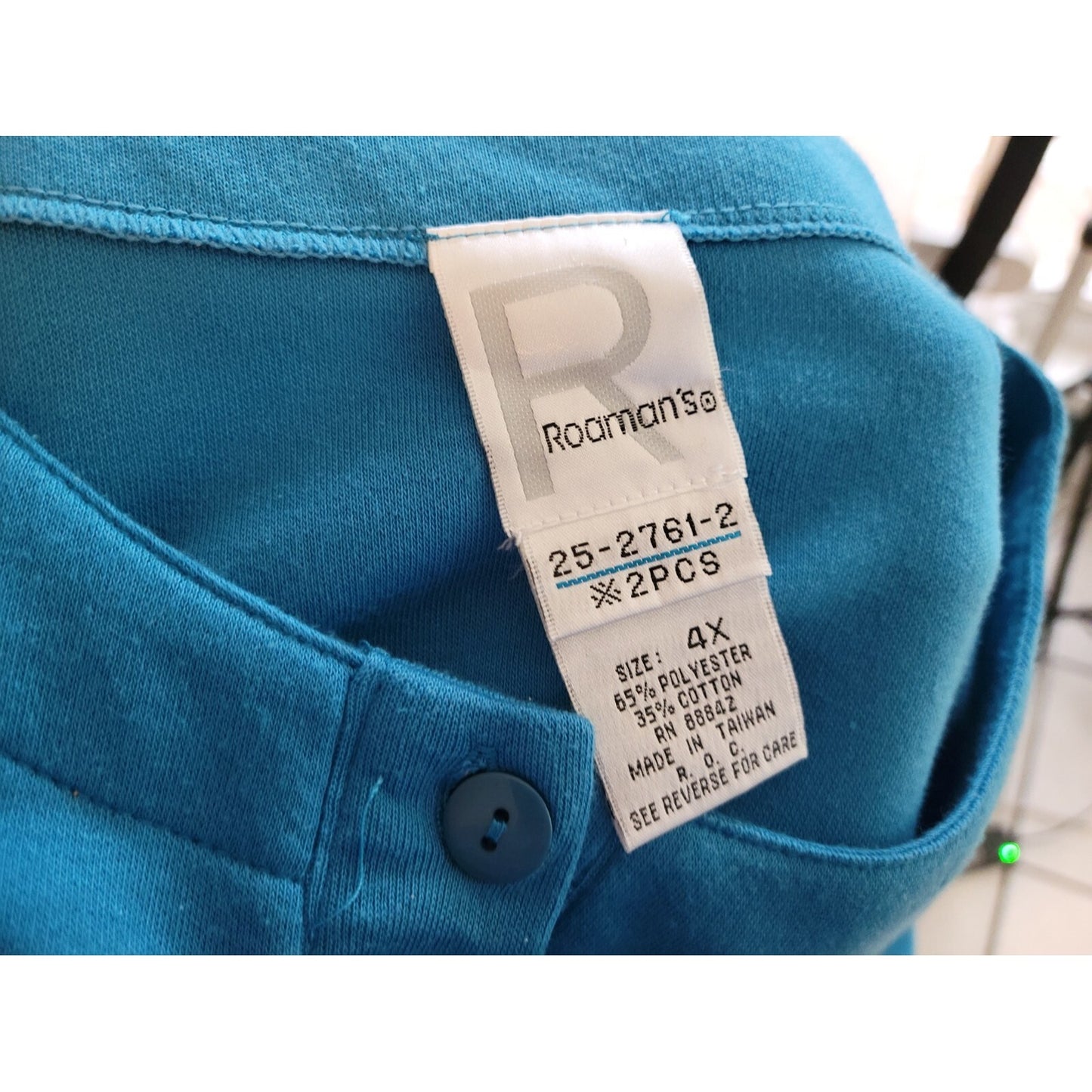 Roamans Womens Top 4X Plus Short Sleeve 1/4 Button Blue Casual Basic Stretch