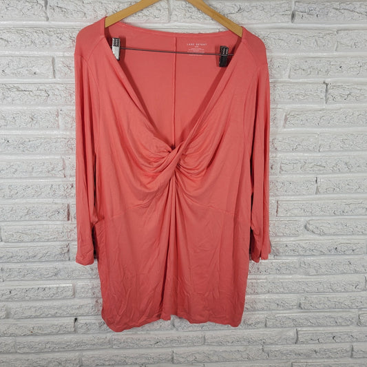 Lane Bryant Womens Top 26 28 Plus Tunic 3/4 Sleeve Orange Gathered Neckline