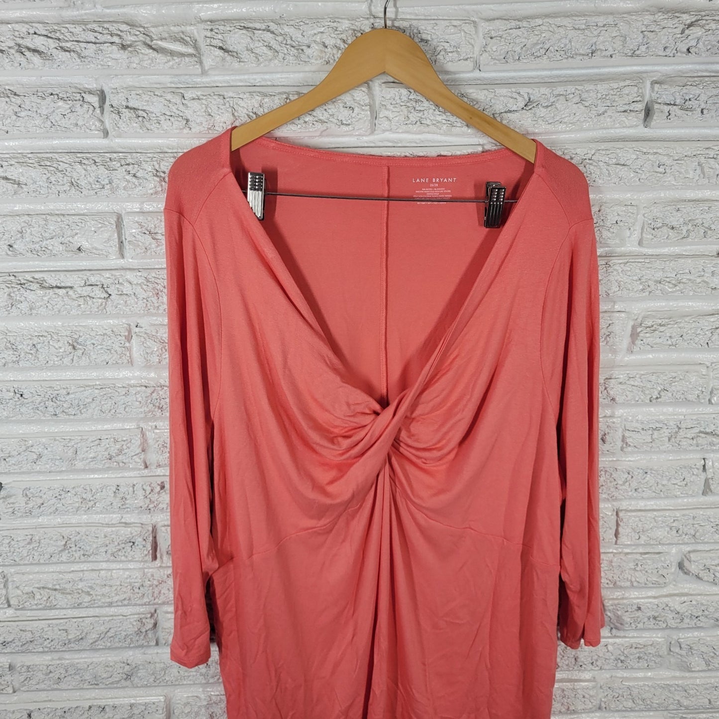 Lane Bryant Womens Top 26 28 Plus Tunic 3/4 Sleeve Orange Gathered Neckline