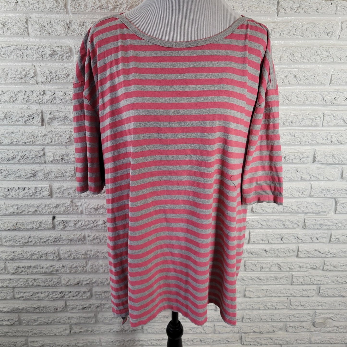 Woman Within Plus Size 2X Pink Gray Striped T-Shirt Short Sleeve Cotton Blend