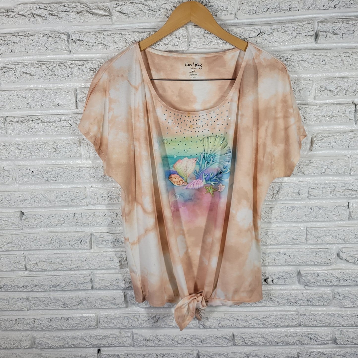 Coral Bay Womens Top 2X Plus Tee Tan Tie Dye Marine Life Front Tie Studded