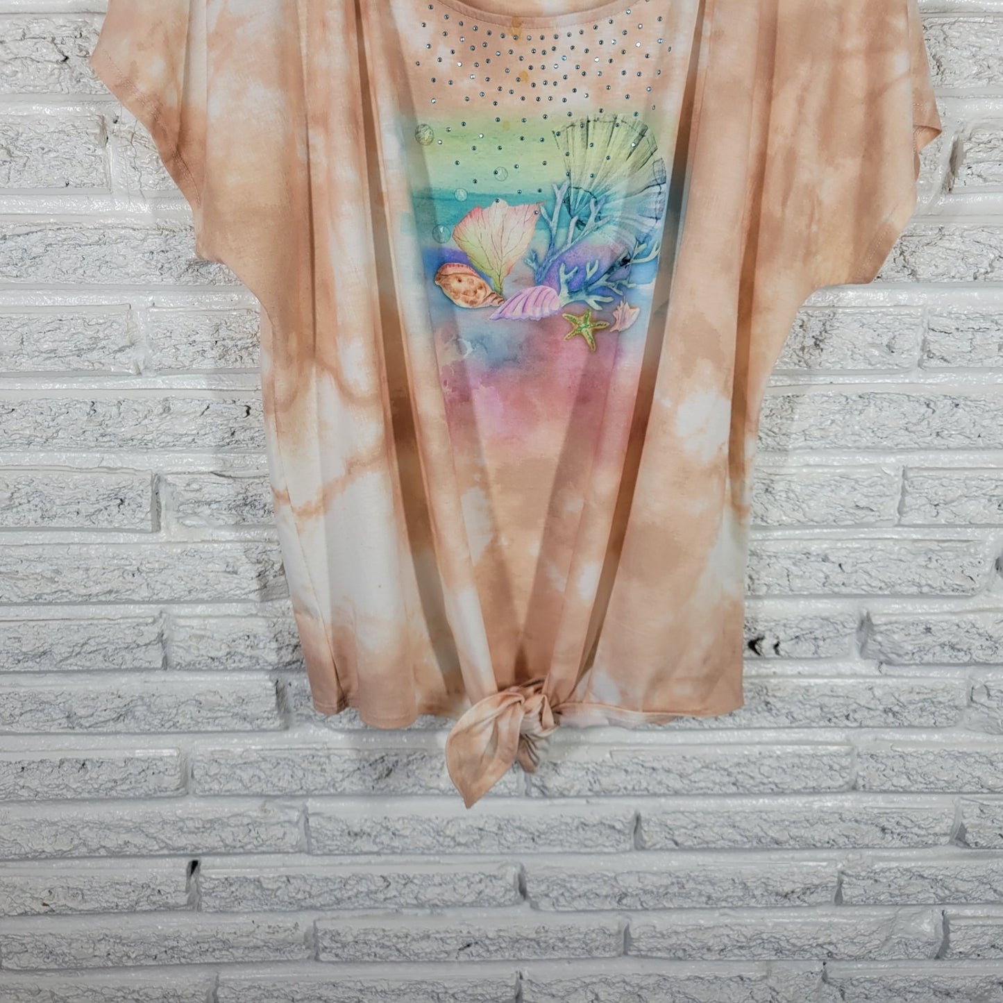 Coral Bay Womens Top 2X Plus Tee Tan Tie Dye Marine Life Front Tie Studded
