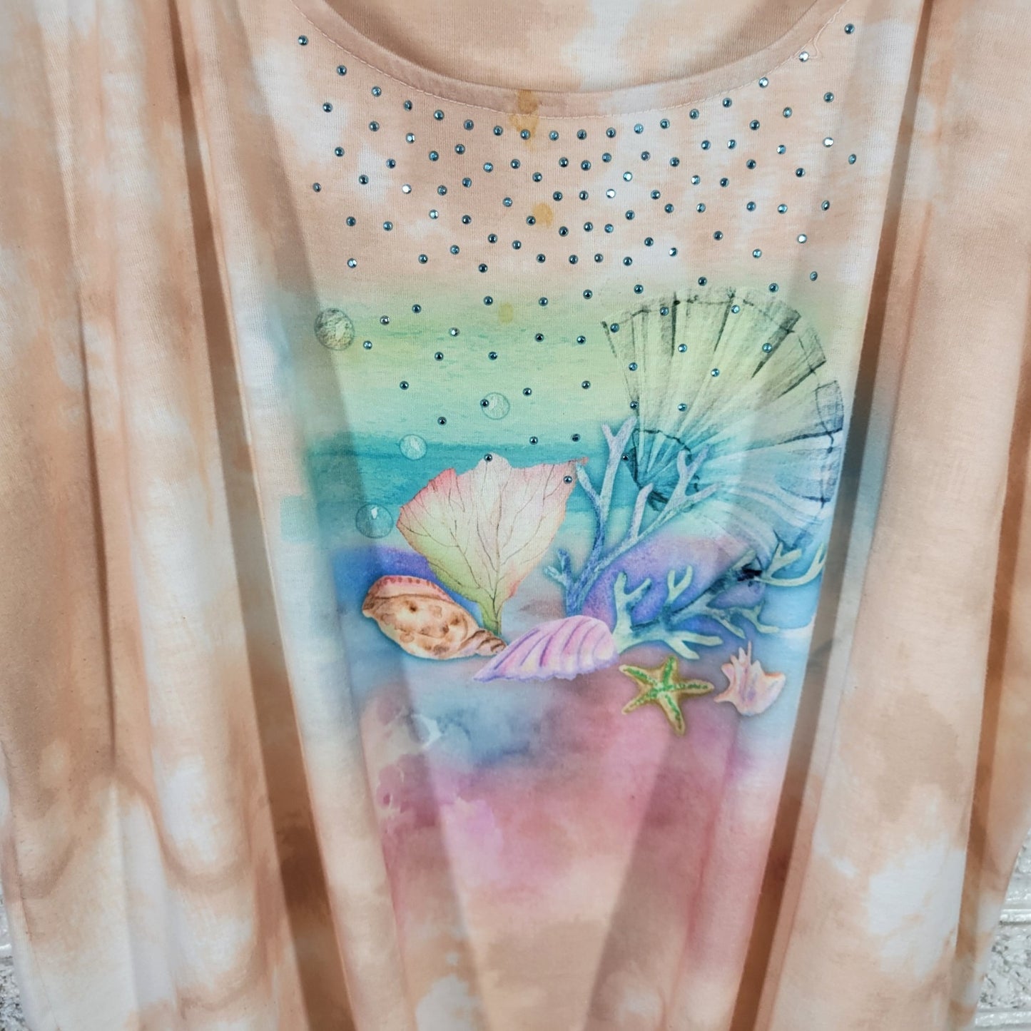 Coral Bay Womens Top 2X Plus Tee Tan Tie Dye Marine Life Front Tie Studded