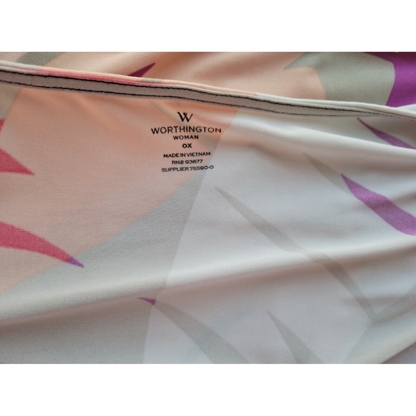 Worthington Womens Top 0X Plus Short Sleeve Pink Geometric Poly Blend Pleated