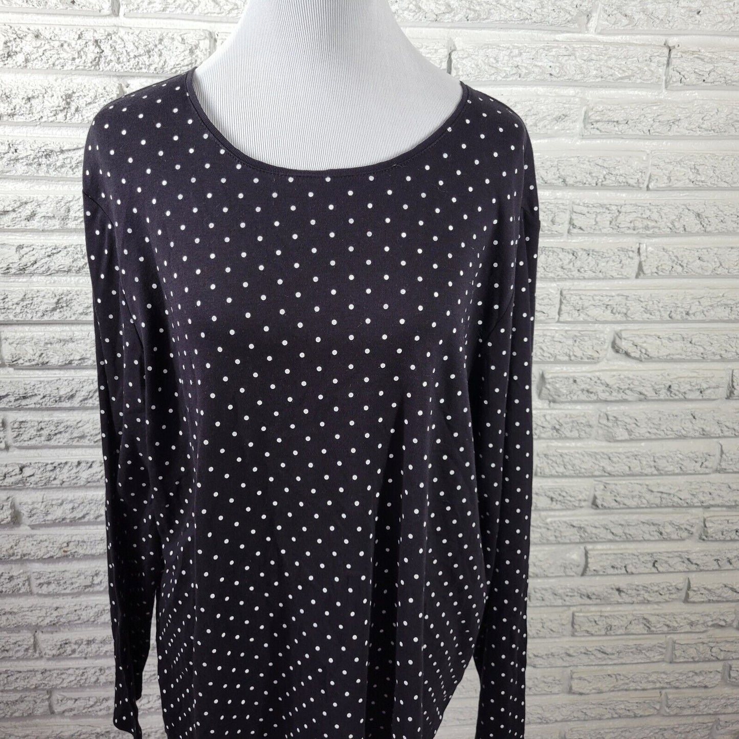 Croft Barrow Womens Top 2X Plus Tee Long Sleeve Black Polka Dot Cotton Comfy