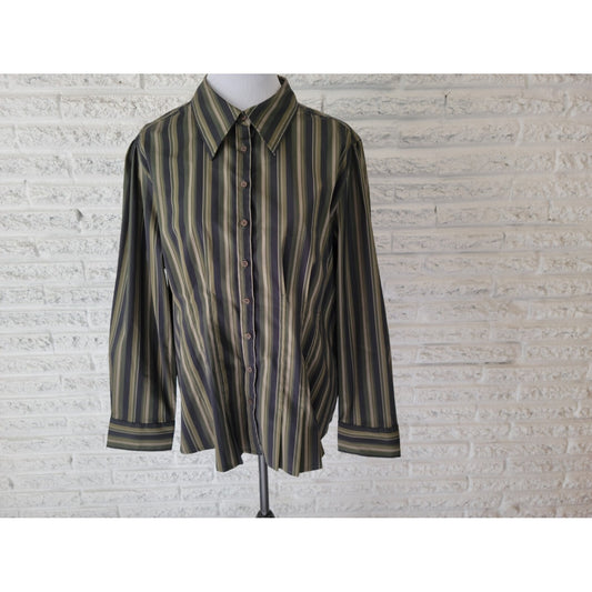 Cato Womens Shirt 18W 20W Plus Collar Button Up Green Stripe Office Casual