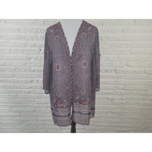 Catherines Womens Top 1X Plus Open Duster Sheer Blue Red Paisley Polyester
