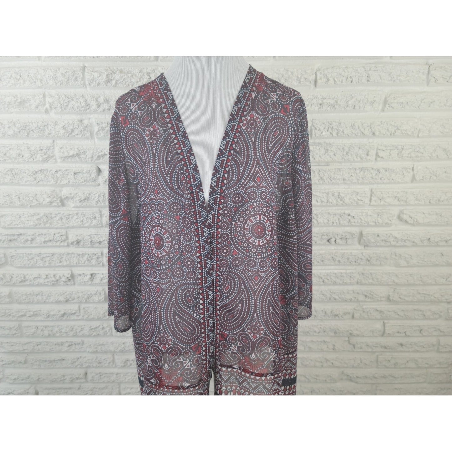 Catherines Womens Top 1X Plus Open Duster Sheer Blue Red Paisley Polyester