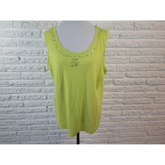 Valerie Stevens Womens Top Extra Large XL Tank Green Beaded Casual Poly Blend