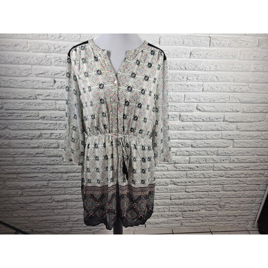 Signature Studio Women's Size XL Tunic Dress Black Geometric Long Sleeve Crochet