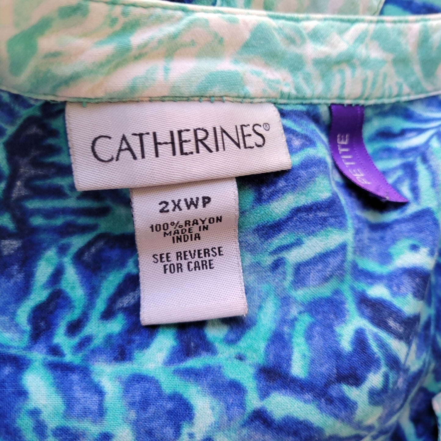 Catherines Womens Top 2XWP Plus Petite 3/4 Sleeve Blue Floral Rayon Lightweight