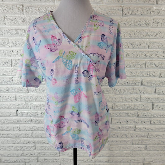 SB Scrubs Unisex Scrub Top XL Short Sleeve Blue Butterflies Pockets Lightweight