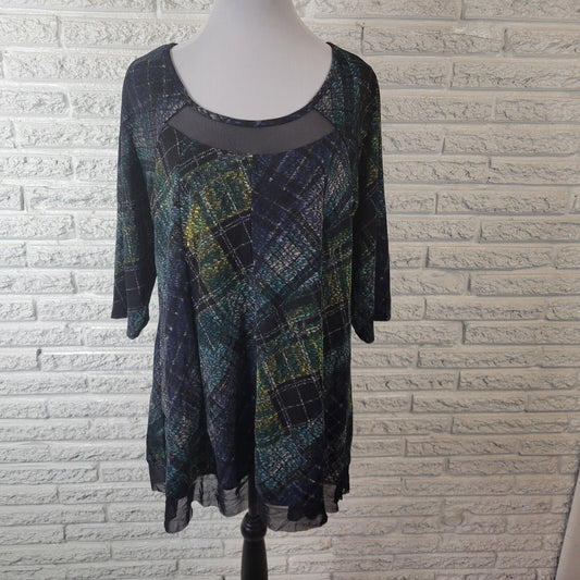 Catherines Womens Top 0X Plus 14 16 Tunic 3/4 Sleeve Mesh Hem Blue Black Plaid