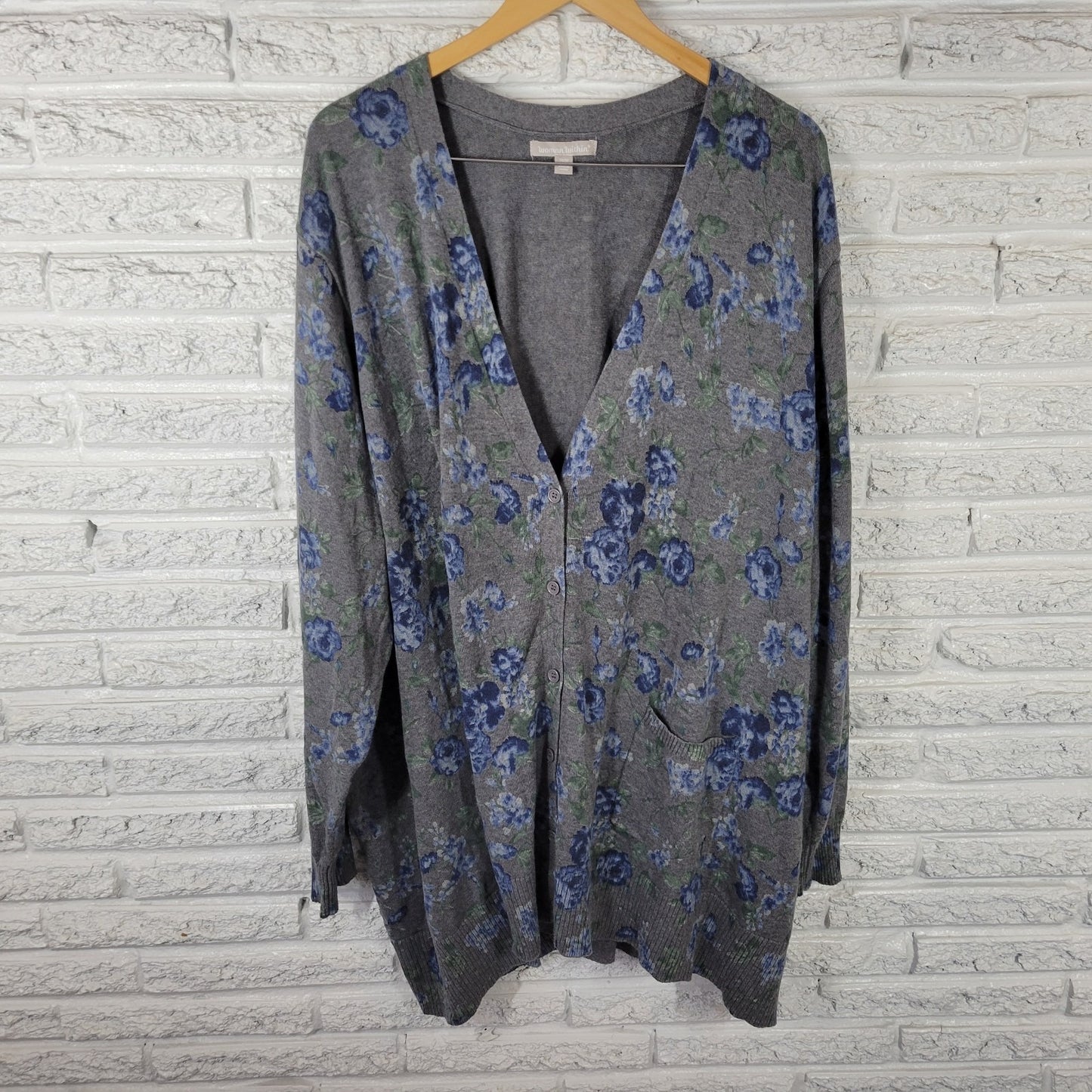 Woman Within Womens Sweater 4X Plus Cardigan Blue Gray Floral Cotton Pockets