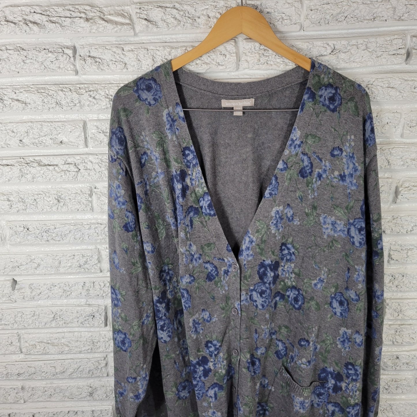 Woman Within Womens Sweater 4X Plus Cardigan Blue Gray Floral Cotton Pockets