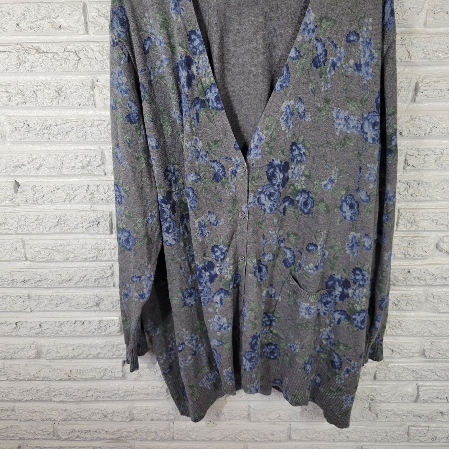 Woman Within Womens Sweater 4X Plus Cardigan Blue Gray Floral Cotton Pockets