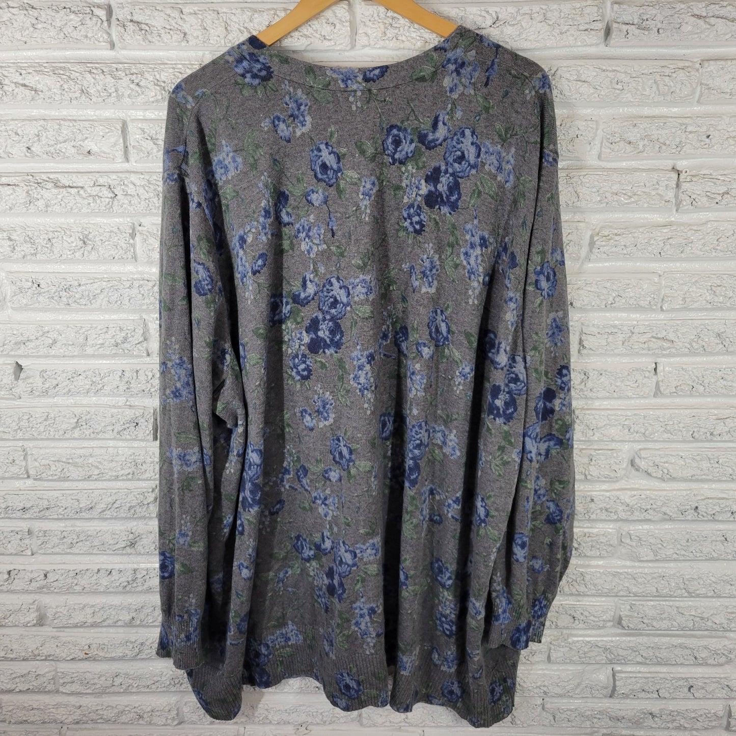 Woman Within Womens Sweater 4X Plus Cardigan Blue Gray Floral Cotton Pockets