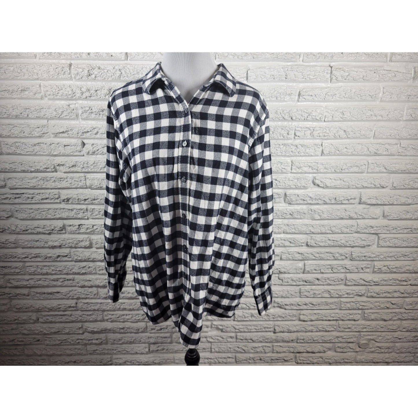 Lands End Womens Top 18W Plus Black Plaid Cotton Button Up Light Flannel Collar