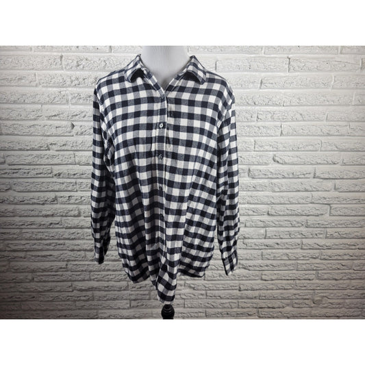 Lands End Womens Top 18W Plus Black Plaid Cotton Button Up Light Flannel Collar