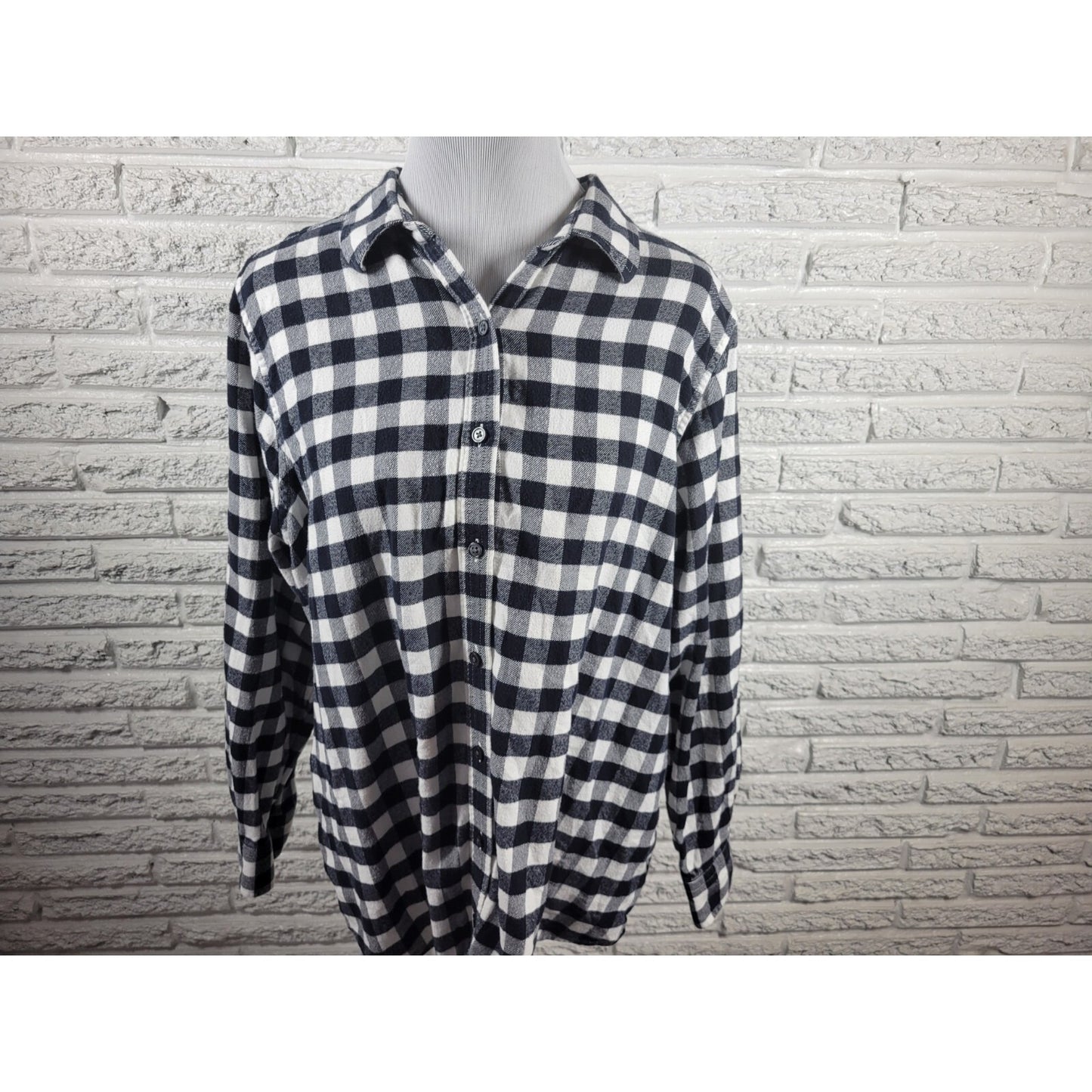 Lands End Womens Top 18W Plus Black Plaid Cotton Button Up Light Flannel Collar