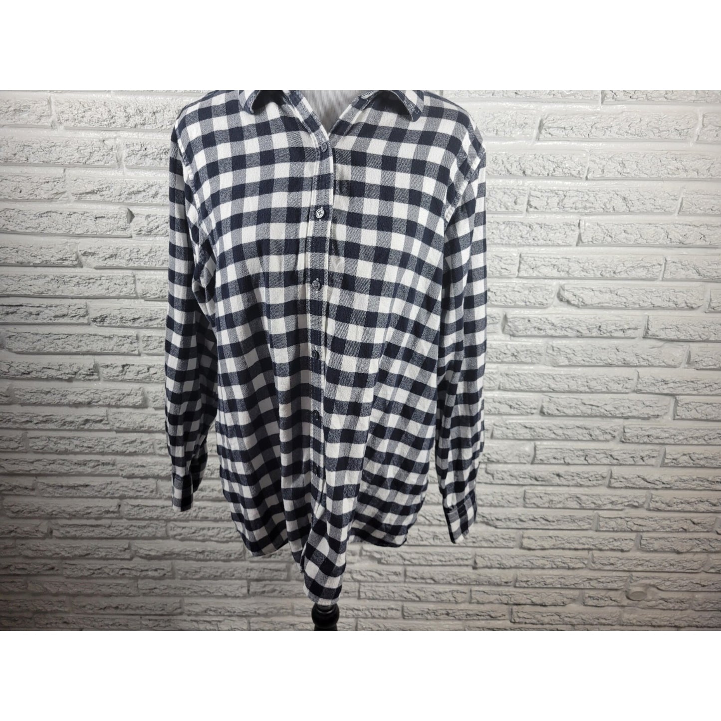 Lands End Womens Top 18W Plus Black Plaid Cotton Button Up Light Flannel Collar