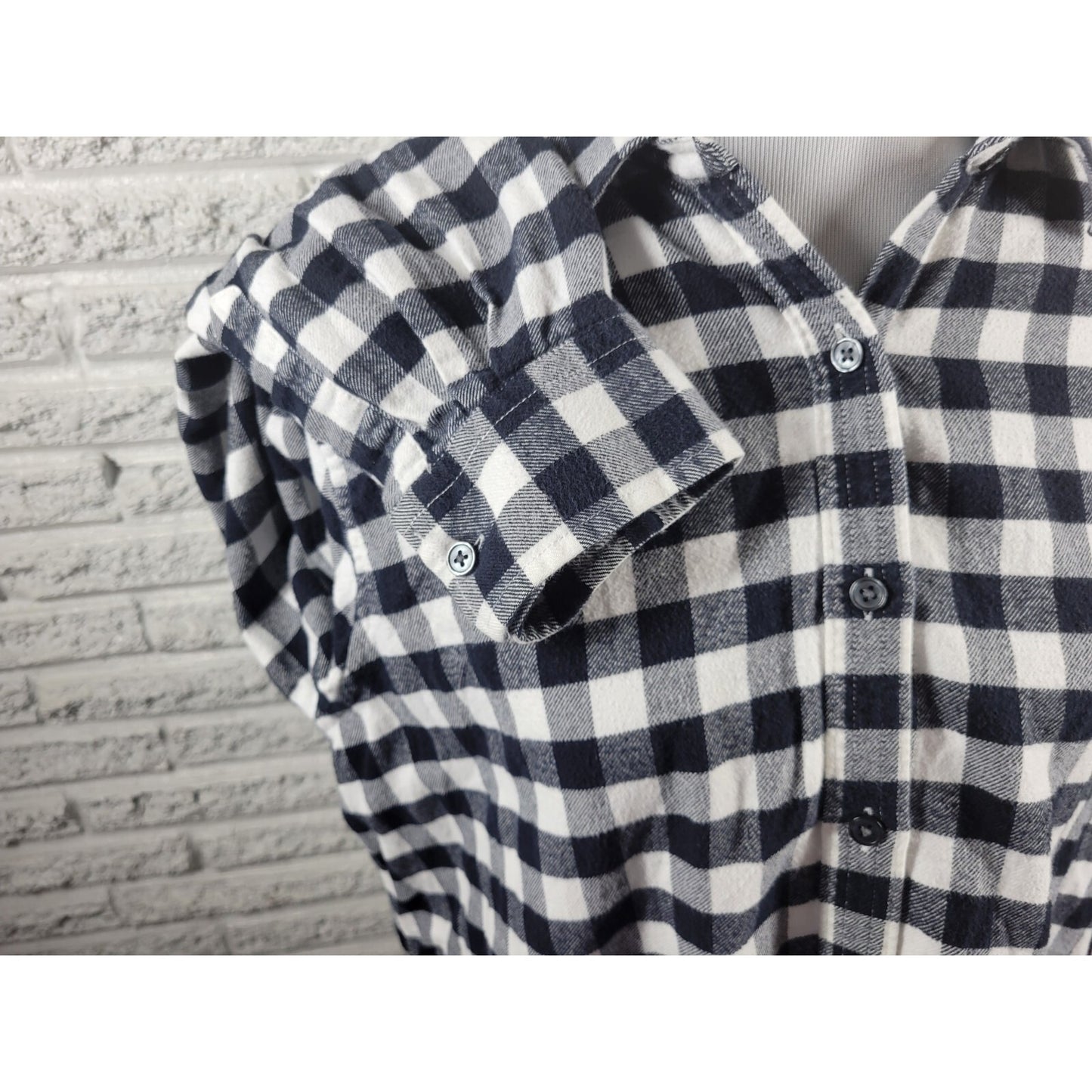 Lands End Womens Top 18W Plus Black Plaid Cotton Button Up Light Flannel Collar